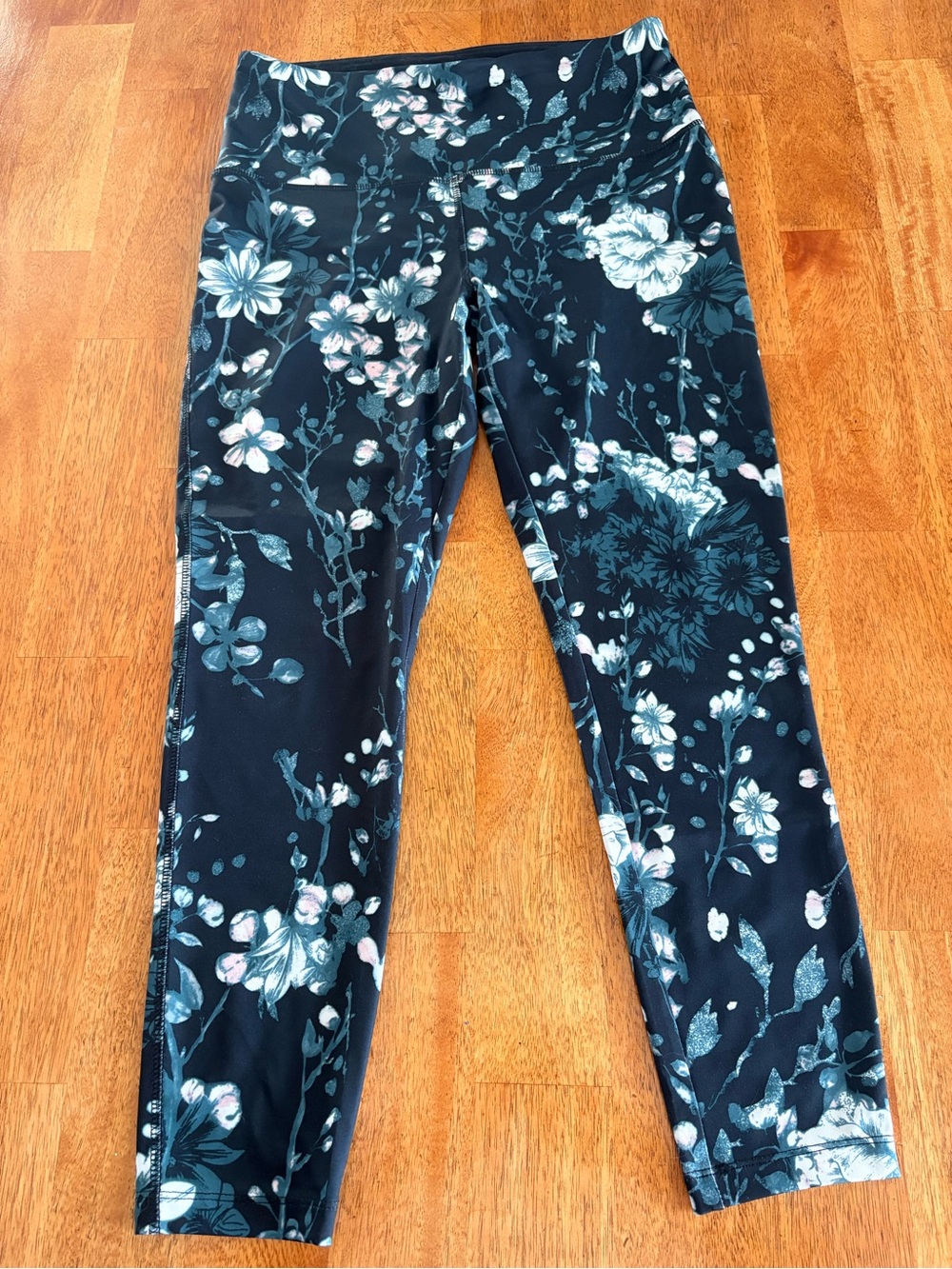 Floral Active Leggings - Black with Teal and White Floral